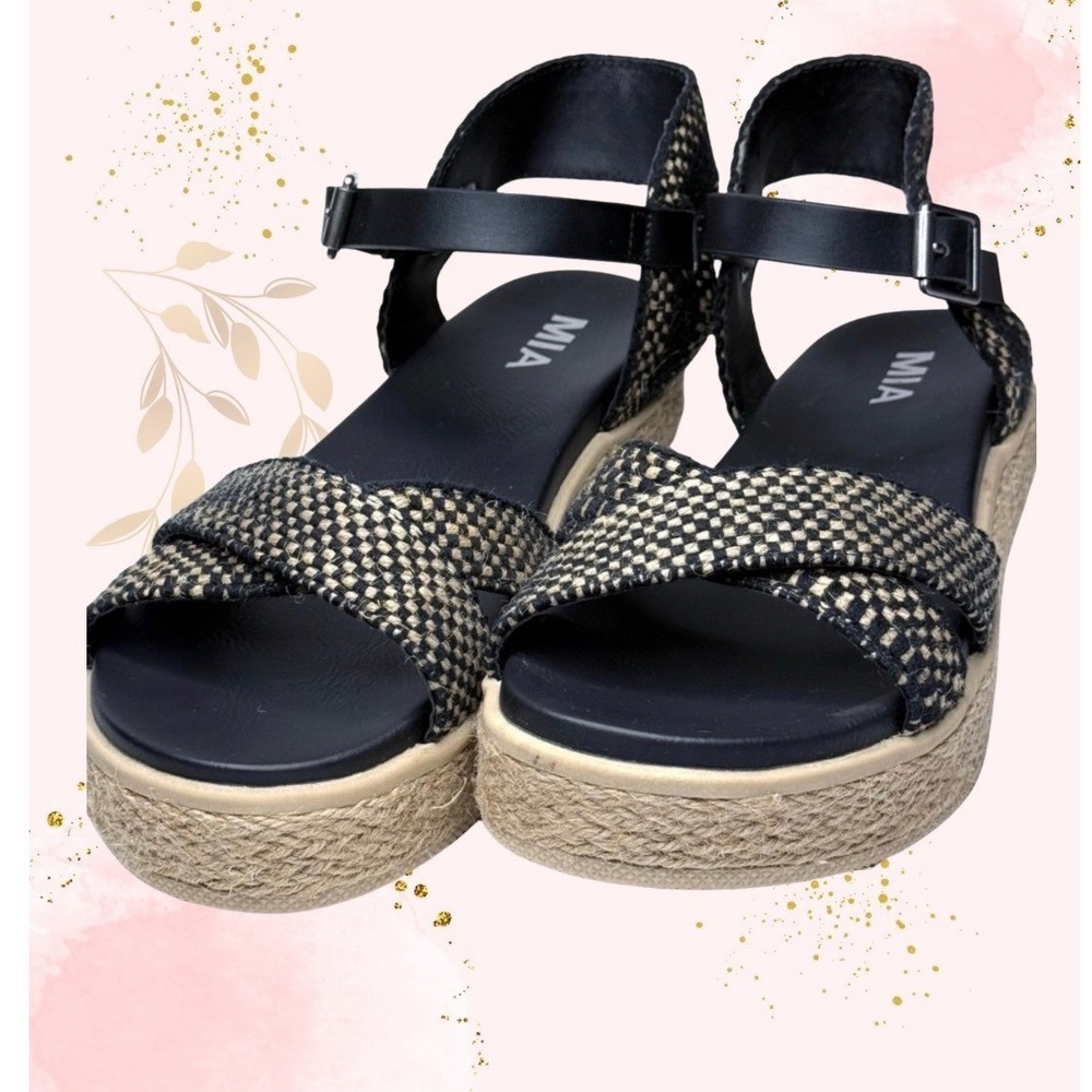 MIA Womens Black & Tan Woven Espadrille Platform Sandals -‎ Size 7.5